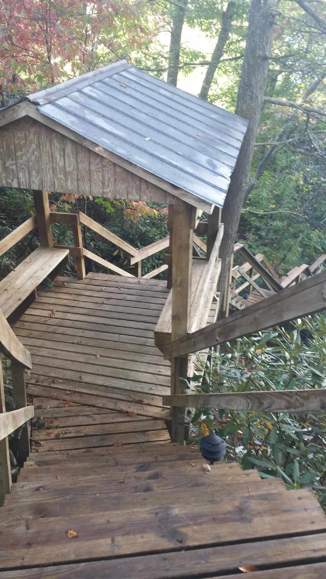 Metal roofed shelter over wooden steps on a wooded walkway — Skylight Repair & Installation work by our crew in Black Creek